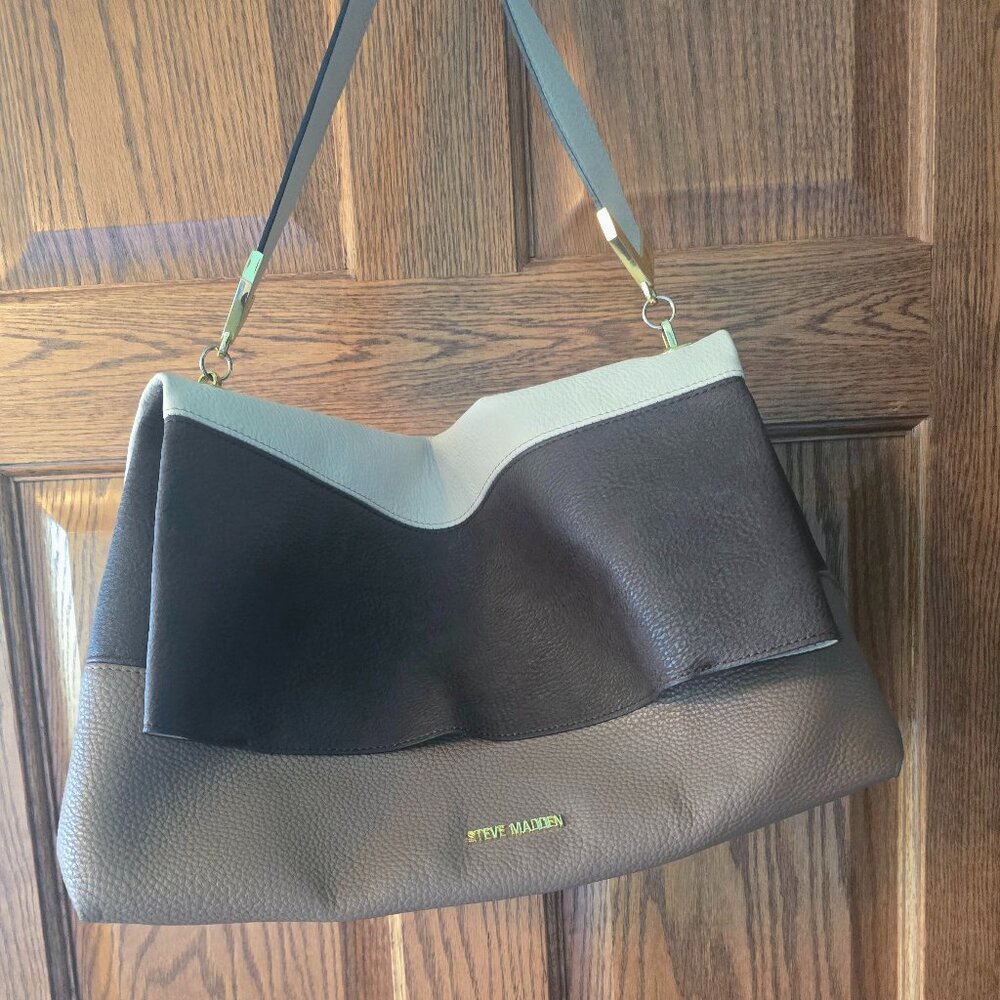 Steve Madden Colorblock Hobo Shoulder Bag Grey Taupe Black Gold Hardware